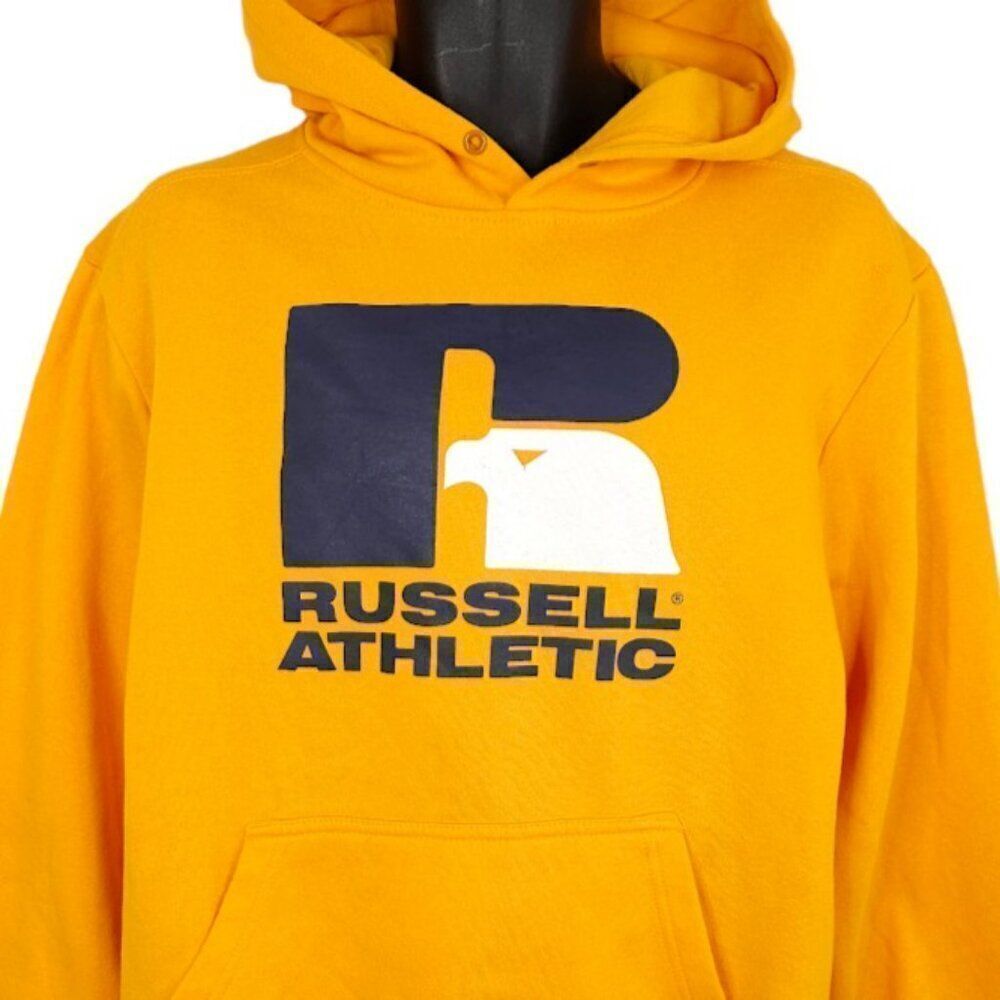 Russell Athletic Logo Sweatshirt Hoodie Mens Size Medium Yellow Retro Spell Out